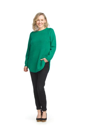 ST-04384 - Knit Shirt Hem Sweater with Side Zip Detail - Colors: Cream,Emerald - Available Sizes:XS-XXL - Catalog Page:18 